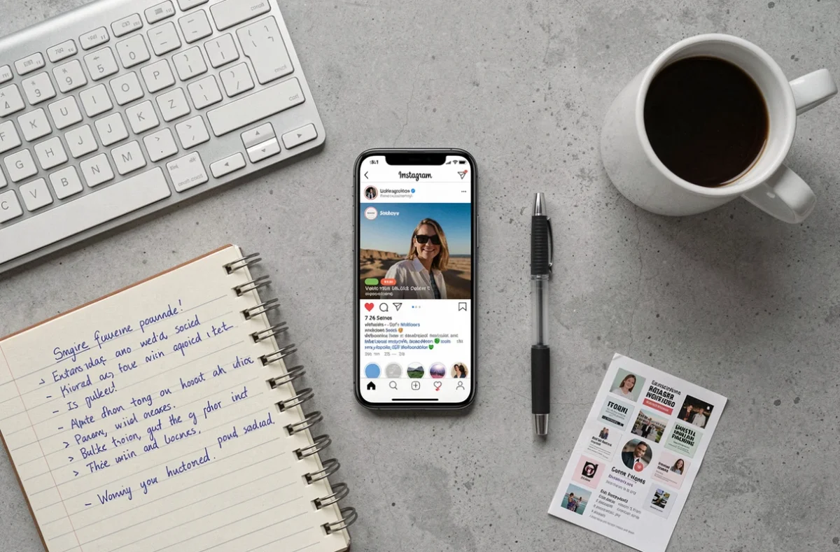 Vue aérienne d'un espace créatif avec un smartphone affichant un GIF Instagram entouré d'accessoires de travail