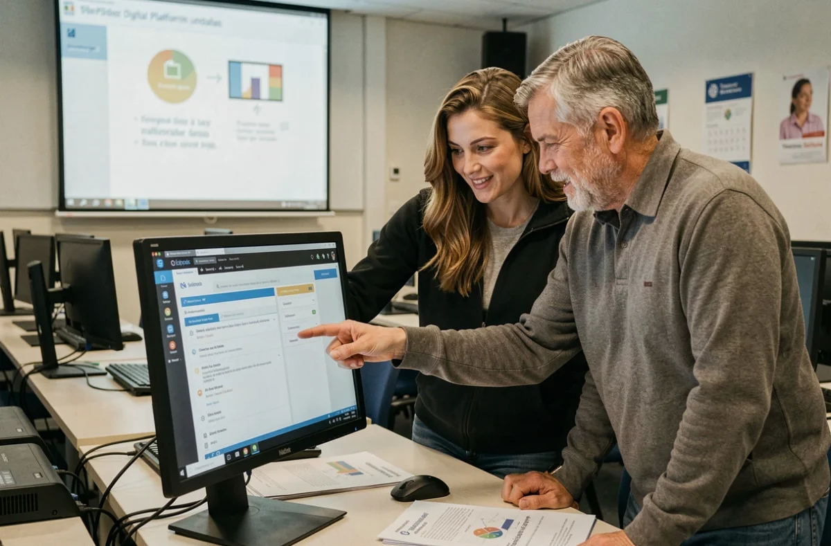 Deux agents en formation sur les nouvelles fonctionnalités de connect.e-mrs.fr dans une salle informatique de service public