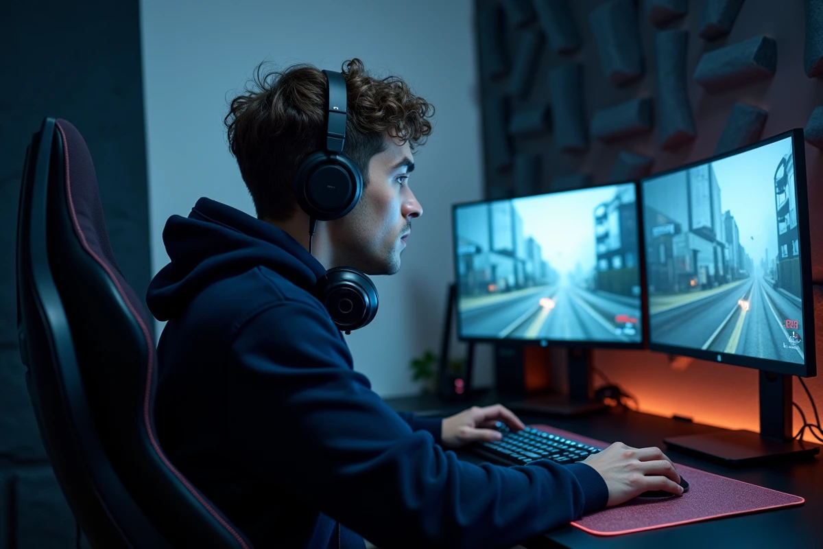 Jeune homme gamer concentré devant un double écran PC 27 pouces dans une pièce gaming équipée de mousse acoustique et de périphériques RGB