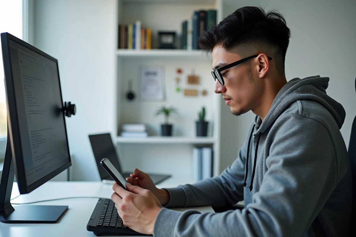 Jeune homme gérant ses contacts sur l'application Messenger depuis son bureau à domicile
