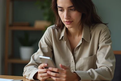 Jeune femme gérant deux comptes Instagram sur son smartphone depuis son bureau à domicile
