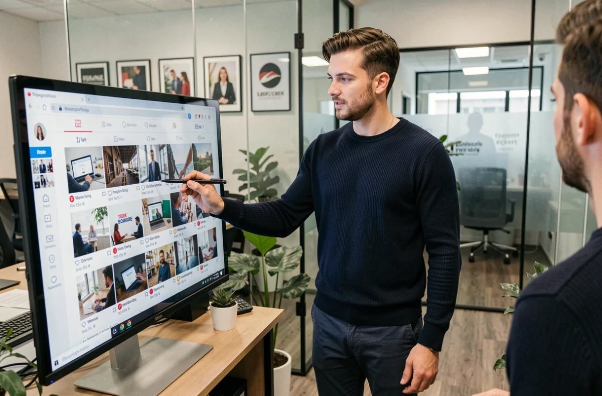 Responsable des réseaux sociaux présentant une grille de contenu Instagram brandé sur grand écran dans une agence de marketing digital