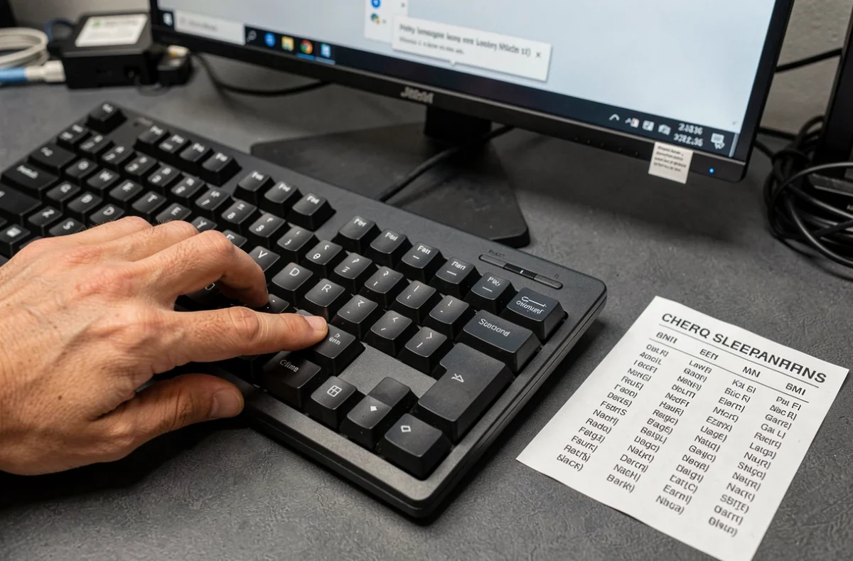 Gros plan sur un clavier physique QZERTY avec aide-mémoire de configuration sous Windows