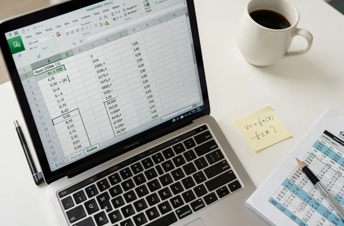 Gros plan d'un écran Excel affichant des formules de soustraction sur un bureau minimaliste moderne