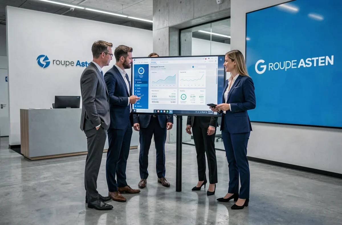 Équipe du Groupe Asten présentant un tableau de bord de services managés dans une salle de présentation corporative