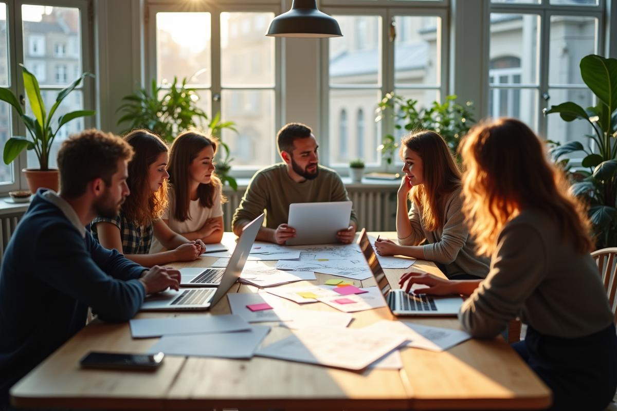Groupe de designers collaborant dans un bureau lumineux