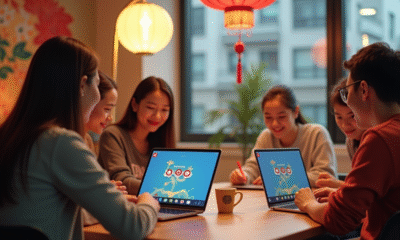 Groupe de jeunes jouant sur laptops avec décorations année du serpent