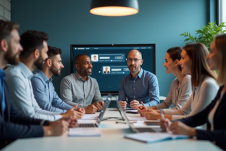 Groupe de professionnels autour d'un écran de chatbot en réunion