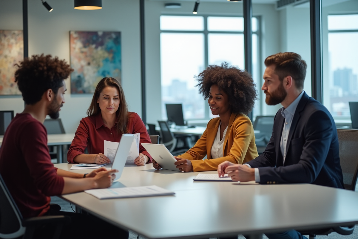 Groupe de professionnels en réunion dans un espace de coworking