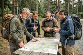 Groupe de randonneurs consultant Google Maps et une carte papier autour d'une table en bois avant de partir sur un itinéraire collectif en forêt