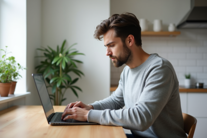 Homme en détente utilisant un ordinateur portable à la maison