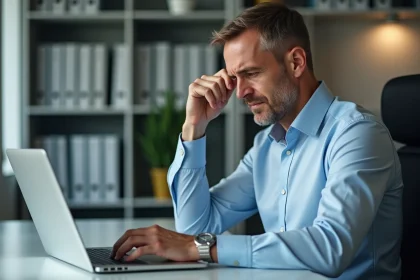 Homme d'âge moyen au bureau regardant un message d'erreur sur son laptop