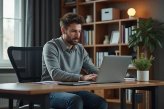 Homme en bureau moderne utilisant son ordinateur portable