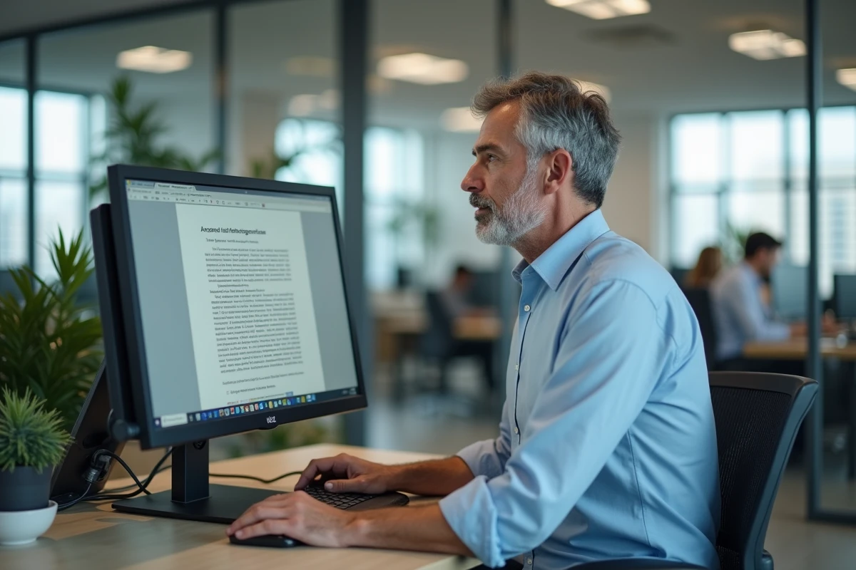 Homme en bureautique travaillant sur un PC avec écran 24 pouces dans un open space professionnel moderne avec partitions vitrées