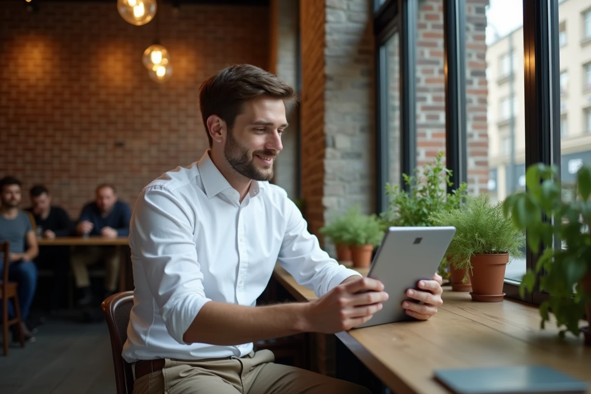 Homme concentré configurant un paiement sur une tablette dans un café