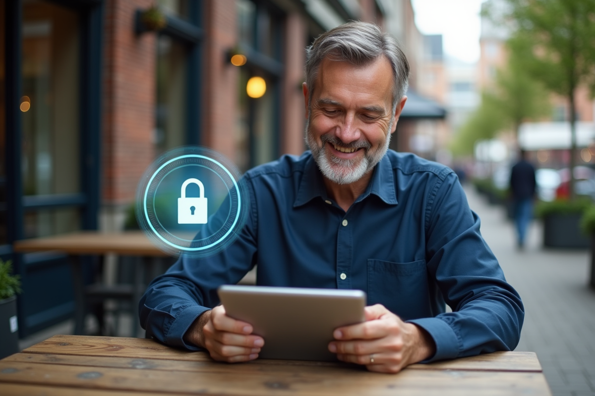Homme souriant utilisant une tablette avec icône SSL en extérieur