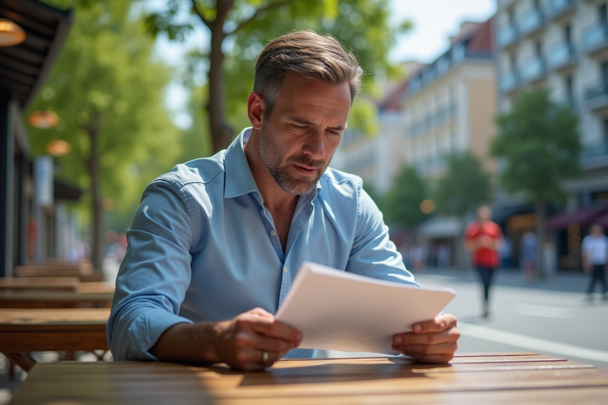 Homme au cafe utilisant epaper dans un environnement urbain