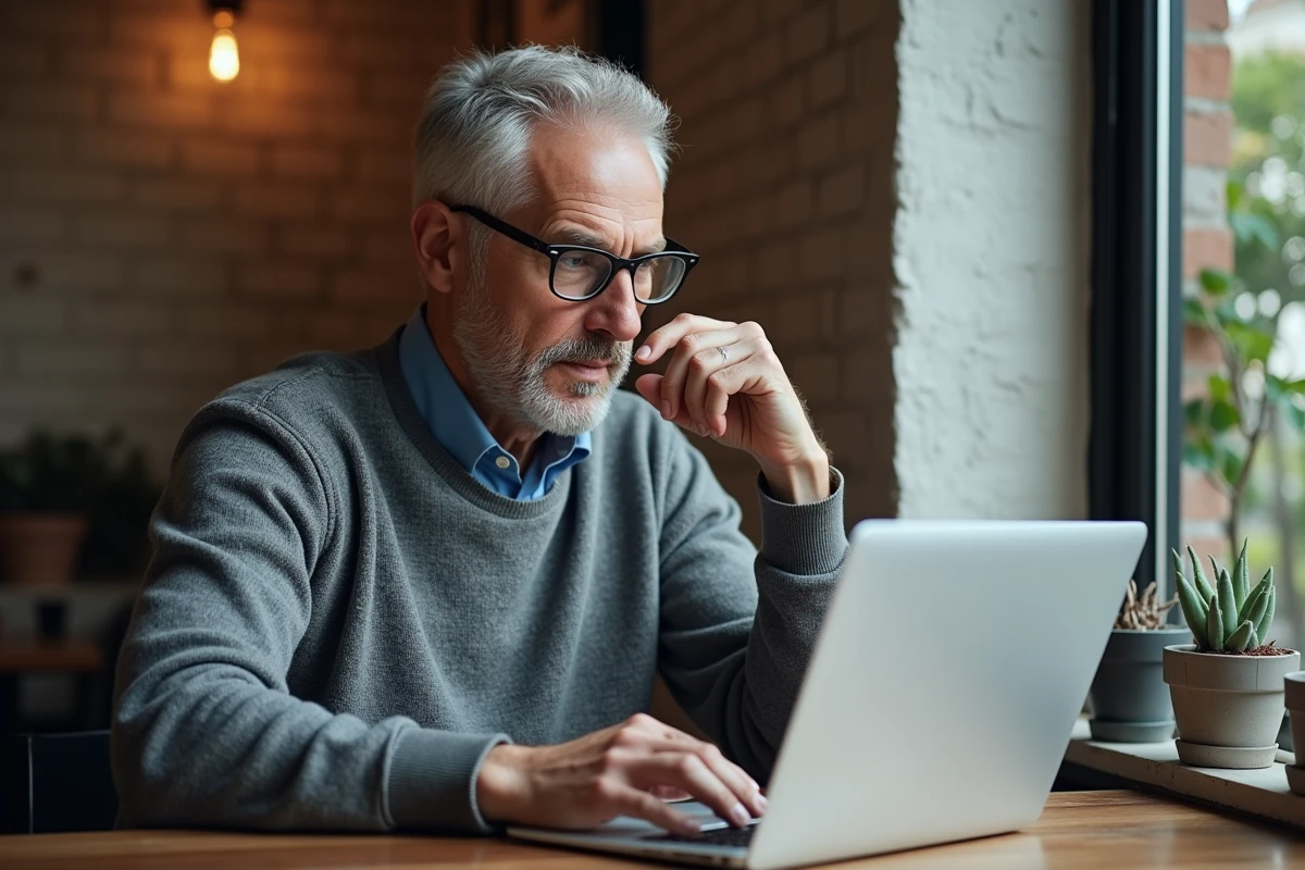 Homme au café utilisant son ordinateur portable