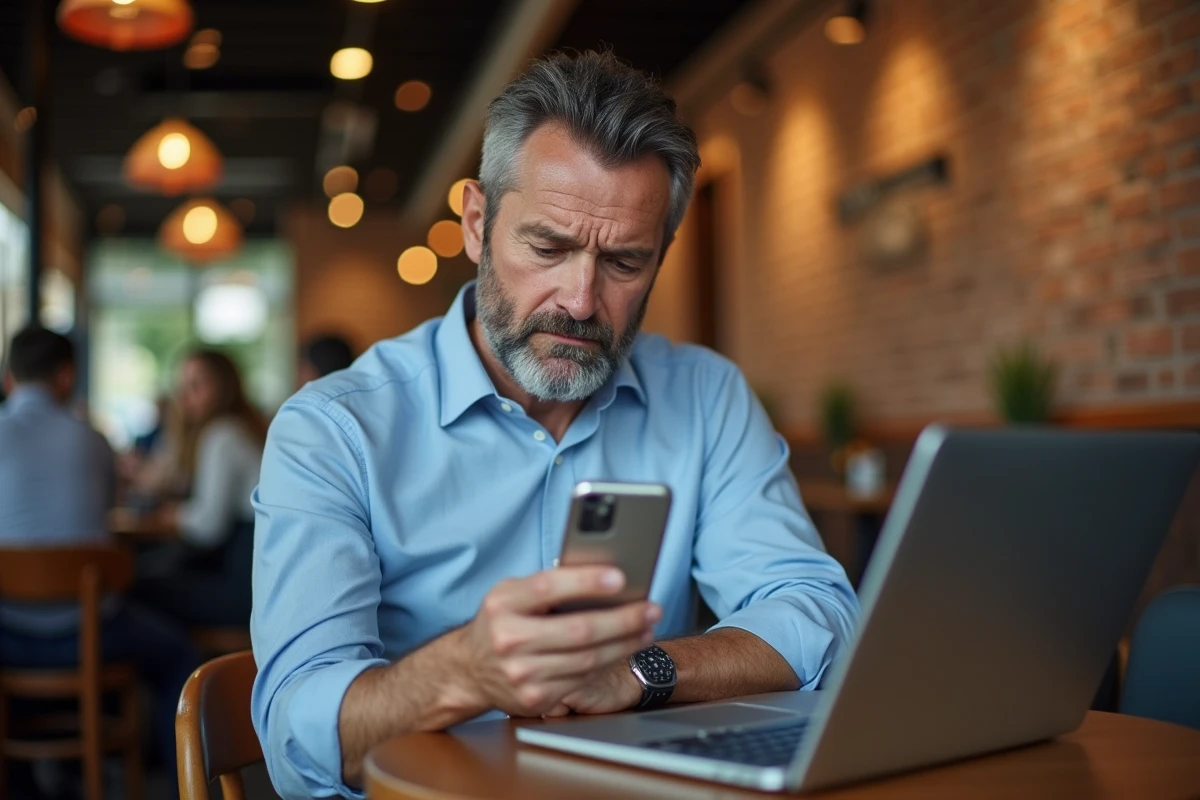 Homme au café avec smartphone et symbole de synchronisation