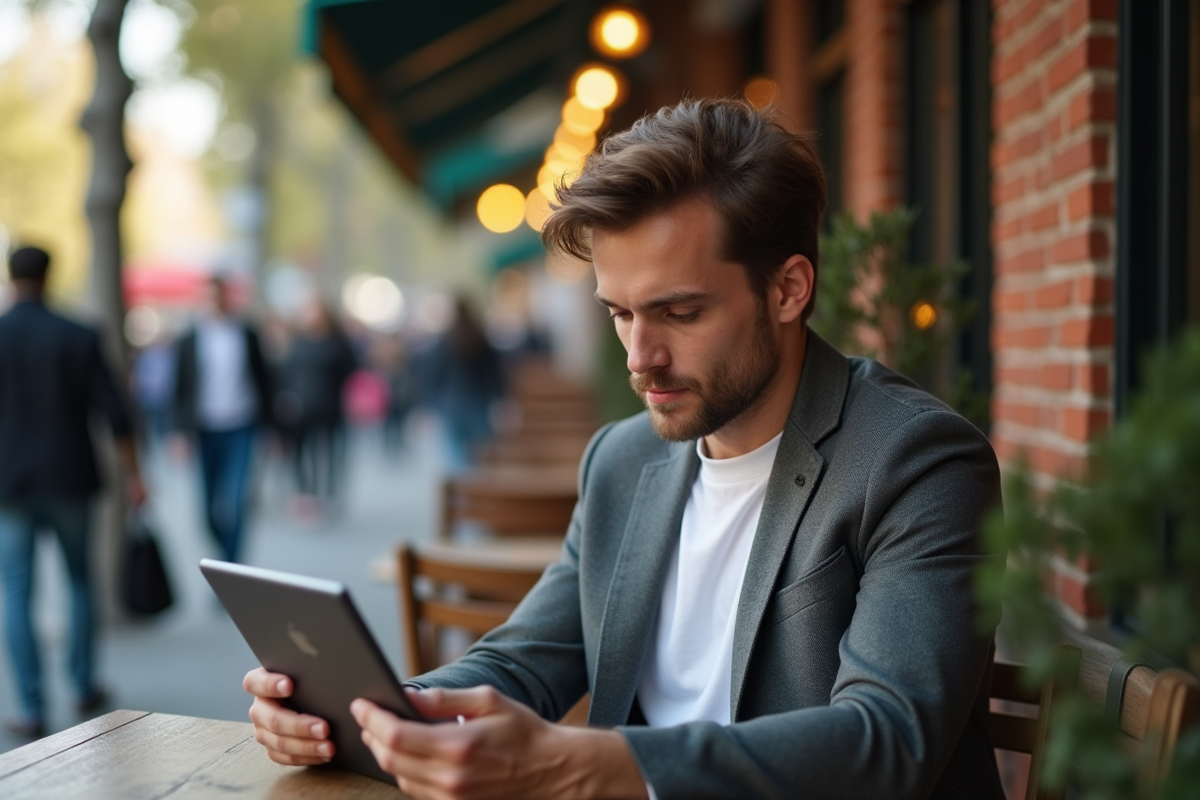 Homme en blazer dans un café urbain animé