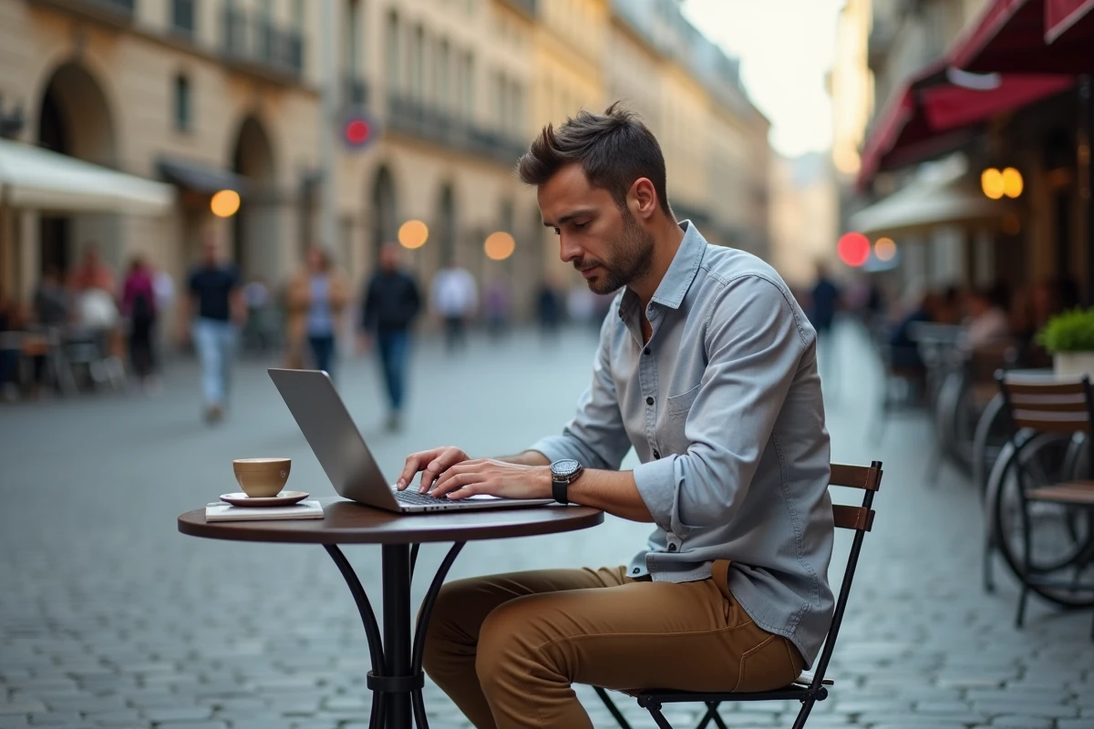Homme travaillant dans un café en ville avec bâtiments historiques