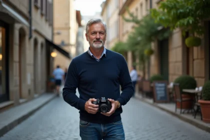 Homme d'âge moyen avec caméra sur rue pavée