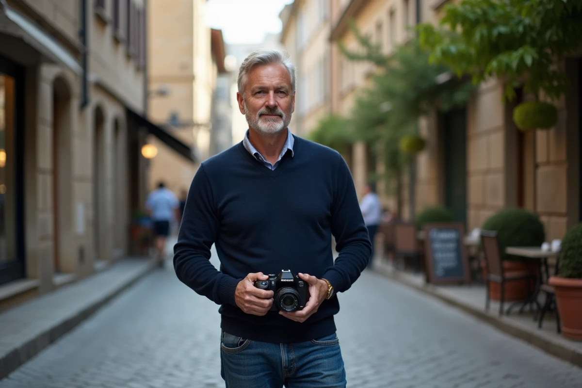 Homme d'âge moyen avec caméra sur rue pavée