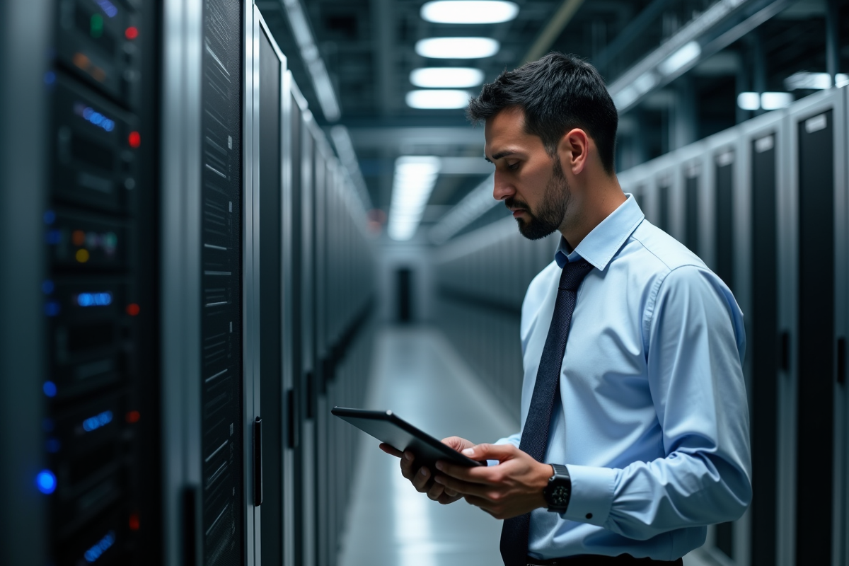 Homme d affaires vérifiant des serveurs dans un centre de données
