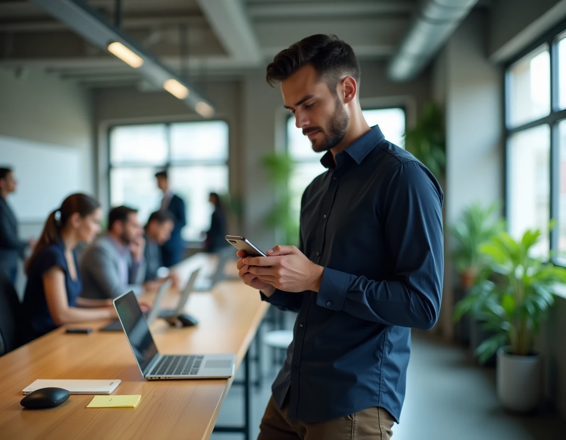 Homme consultant ses rappels et listes de tâches via ChatGPT sur WhatsApp au bureau