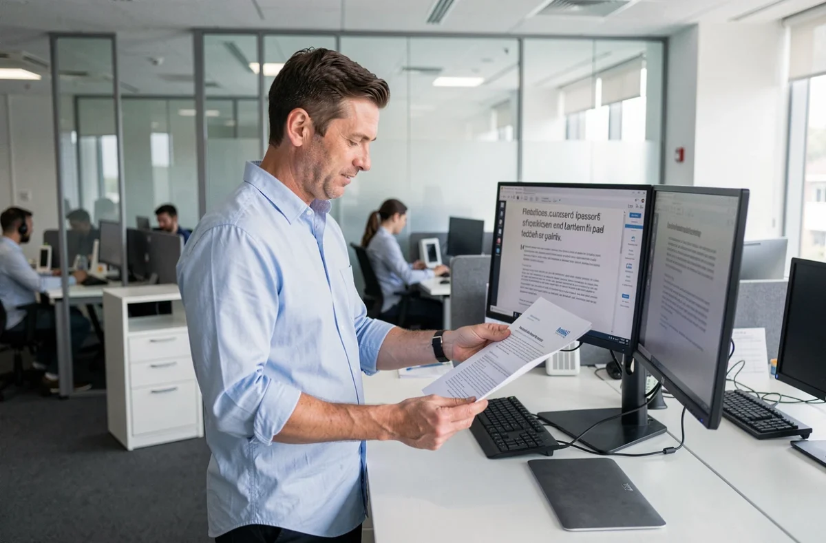 Homme professionnel comparant des documents traduits dans un bureau moderne en open space