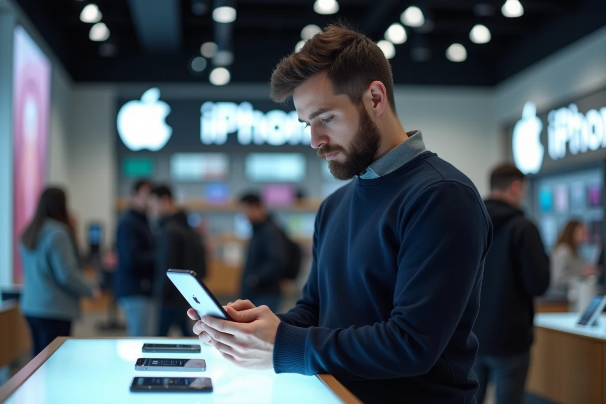 Homme comparant l'iPhone 14 à un autre smartphone dans un magasin d'électronique