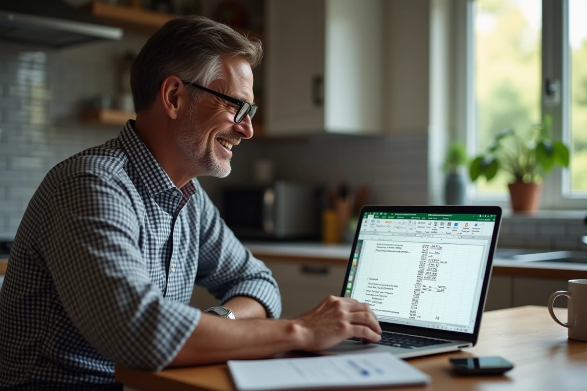 Homme à la maison travaillant sur Excel avec des calculs