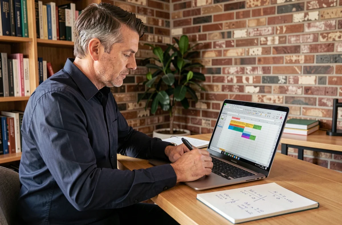 Homme en télétravail consultant des formules de soustraction Excel sur un ordinateur portable dans un bureau à domicile