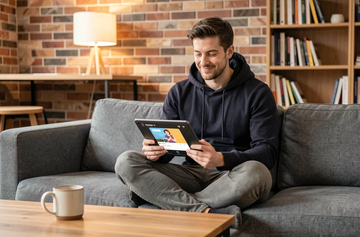 Homme téléchargeant un GIF animé sur Instagram Stories depuis sa tablette dans un appartement moderne