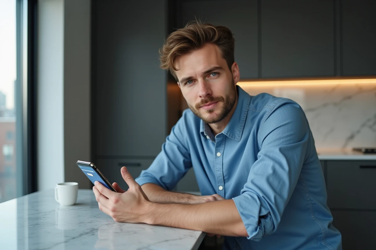 Homme consultant le moteur de recherche Google US version sur smartphone dans une cuisine moderne