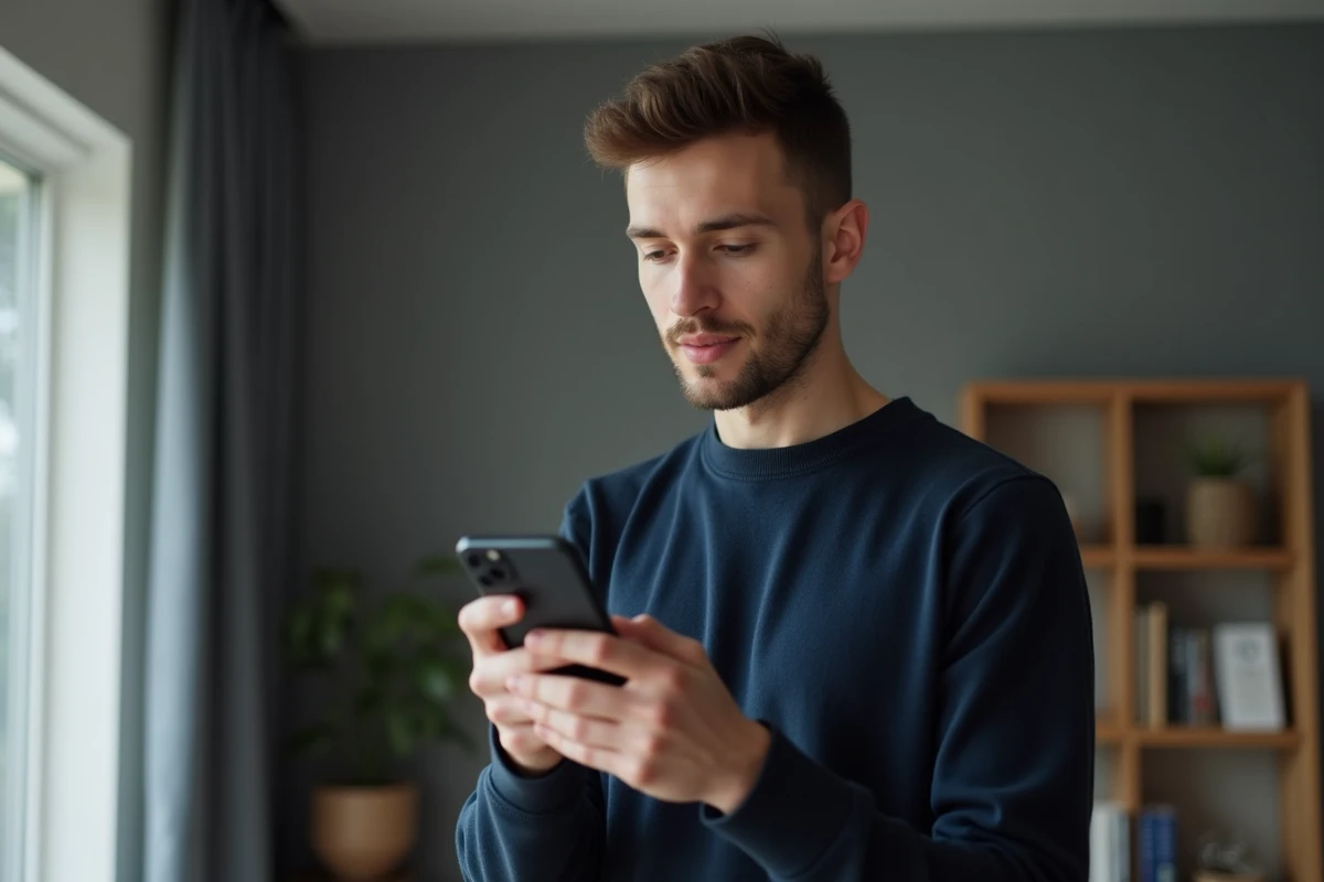 Homme tenant un iPhone 12 Pro entre ses mains et l'inspectant attentivement pour trouver le meilleur prix