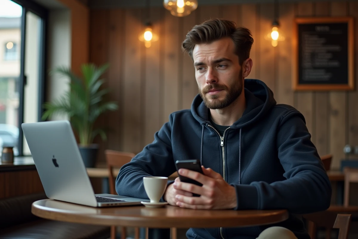 Homme consultant une application de lecture hors ligne sur smartphone dans un café urbain
