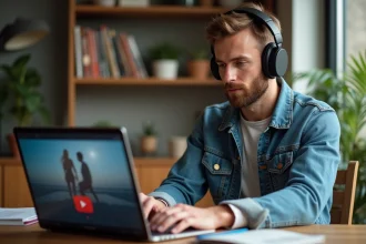 Homme en denim écouteur regarde vidéo YouTube sur ordinateur