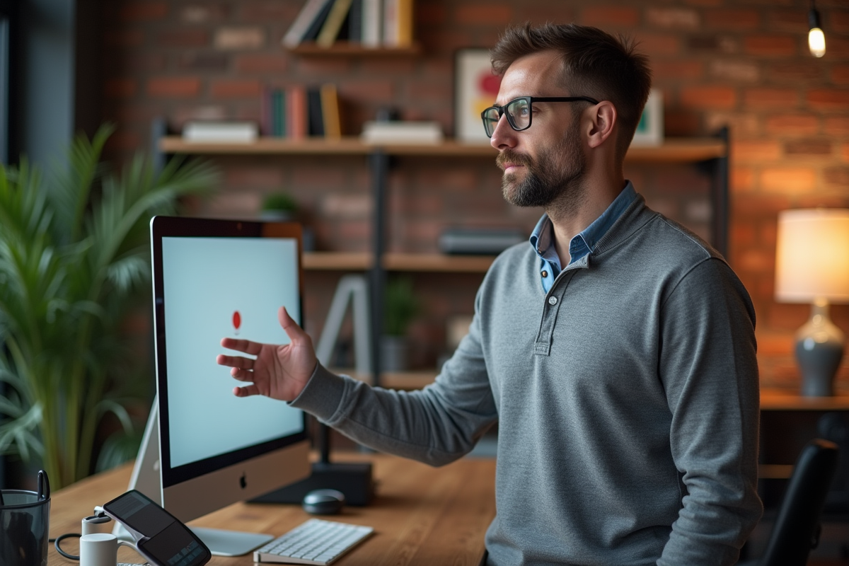 Homme expliquant la recherche vocale devant un écran d