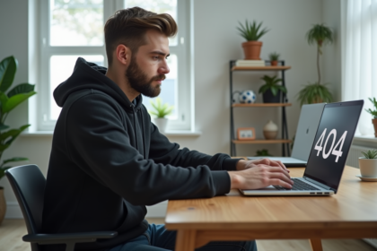 Jeune homme en bureau regardant un écran 404 erreur