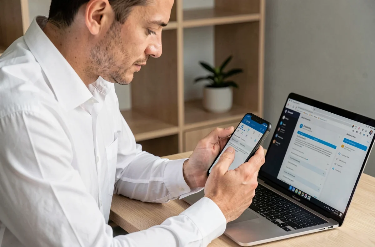 Homme consultant les paramètres de messagerie sur son smartphone Android dans un bureau à domicile avant de migrer vers un nouvel appareil Orange