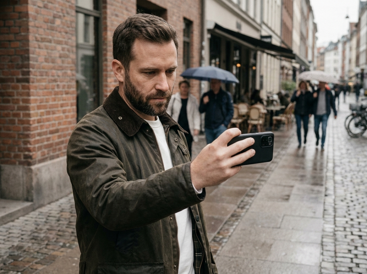 Homme photographiant avec un smartphone Redmi en extérieur dans une rue urbaine européenne