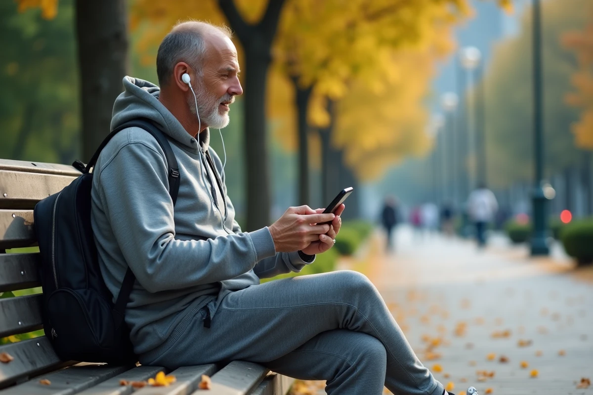 Homme détendu écoutant un podcast sur un banc de parc en ville