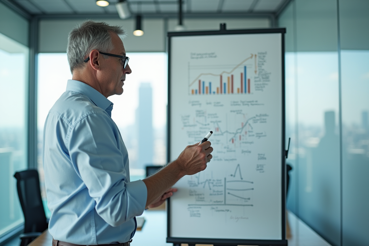 Homme en réunion expliquant des diagrammes sur un tableau blanc