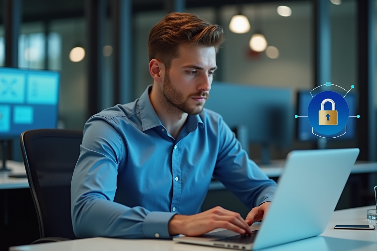 Jeune homme professionnel examine un certificat SSL sur son ordinateur