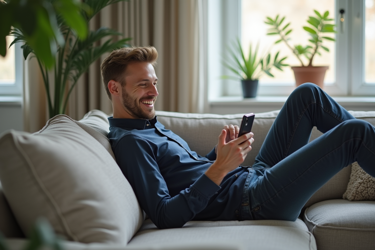 Homme souriant détendu dans un salon moderne avec smartphone