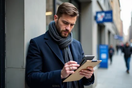 Homme regardant son smartphone devant un bureau de poste
