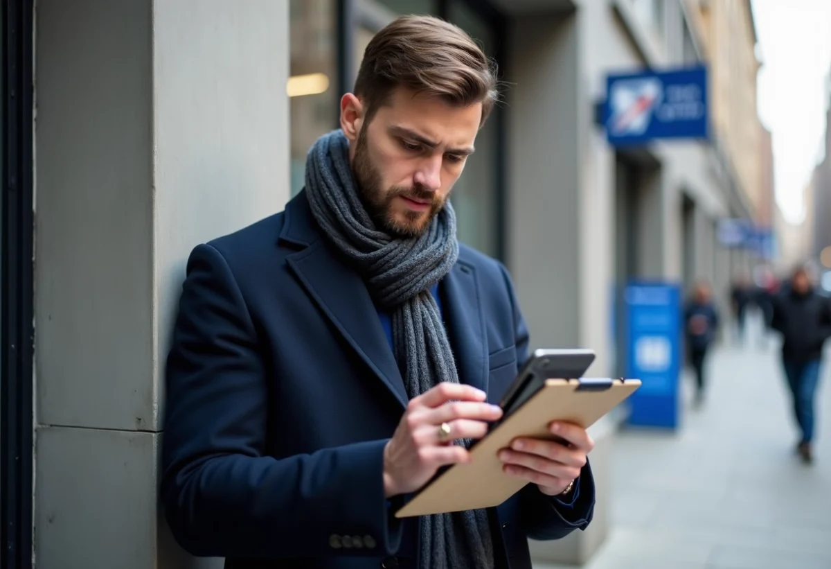 Homme regardant son smartphone devant un bureau de poste