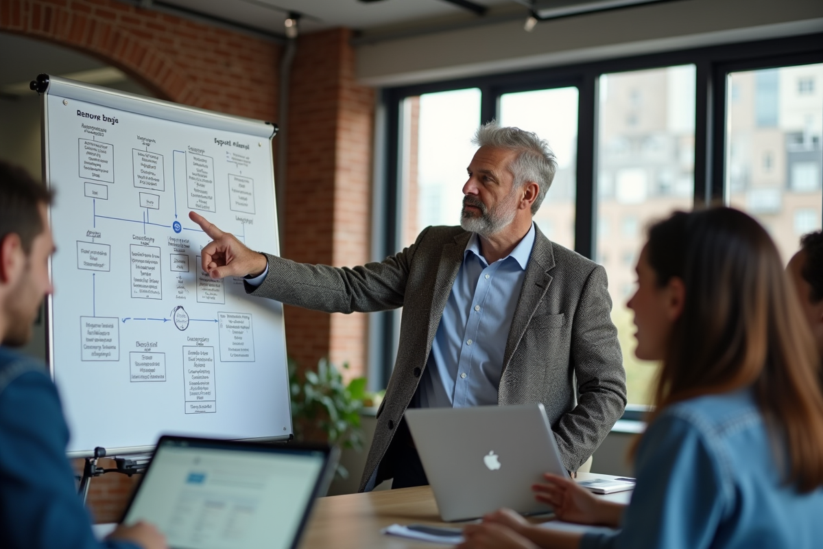 Homme expliquant une strategie de mots clés en coworking
