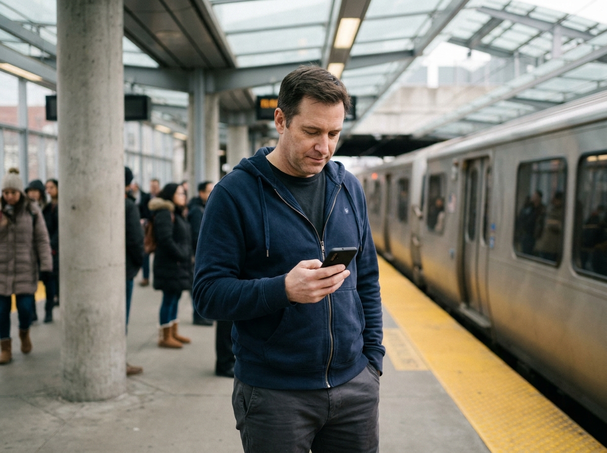Homme consultant son téléphone milieu de gamme sur un quai de gare en ville